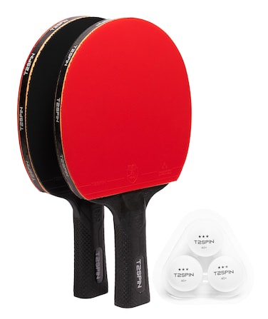 T2SPin Ping Pong Paddles Set of 2 with 3 Balls- Hi-Performance Table Tennis Paddles - 3 x Ping Pong Balls - Ping Pong Set for All Players - T2 EnduroGrip - Extra Comfortable Grip - Red &amp; Black Rubber