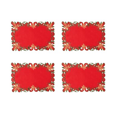 AMARED Christmas Embroidered Placemats Set of 4, Cutwork Green Leaves Holiday Table Mats for Home Decorations 12 X 17 Inch