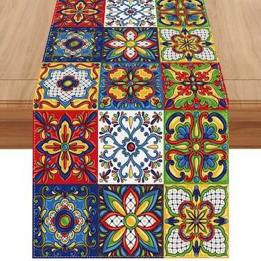 Jiudungs Linen Mexican Talavera Ceramic Tile Table Runner 108 Inches Long Mexican Fiesta Tablecloth Cinco De Mayo Party Decoration and Supplies for Home Party