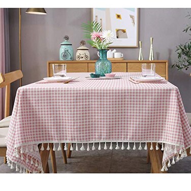 AMZALI Vintage Gingham Checkered Plaid Tablecloth with Tassel Table Cover Cotton Linen Tablecloths for Dinner Party Indoor or Outdoor Use (Square, 55 x 55 Inch)