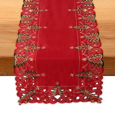 SHANGRLA Red Christmas Tree Table Runner, Lace Embroidered, 72 Inches Long - Elegant Festive Xmas Table Centerpiece for Holiday Dining Decorations.