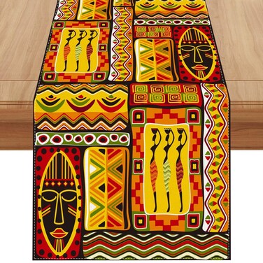 Jiudungs Linen African Totems Table Runner 108 Inches Long African American Kwanzaa Black History Month Juneteenth Decorations and Supplies for Home Kitchen Dining Room Table