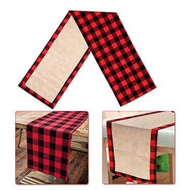 14 x 84 Inch Buffalo Plaid Table Runner Christmas Red Black Cotton Buffalo Check Plaid and Burlap Reversible Table Runner for Christmas Table Decorations