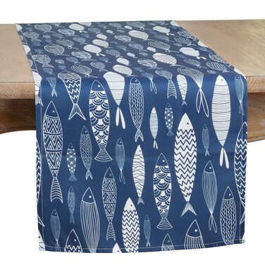 SARO LIFESTYLE School Collection Fish Design Table Runner, 16"x70", Navy Blue