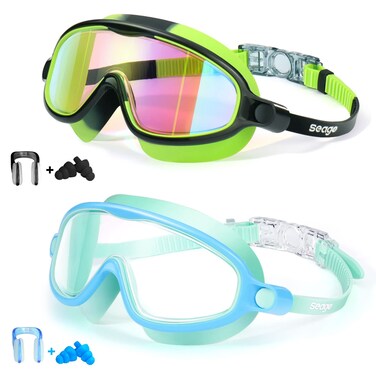 Seago Swim Goggles 2 Pack Anti-Fog Anti-UV Wide View UV Protection, Adjustable Swimming Goggles for Kids 3-15, Light Blue &amp; Black, Green