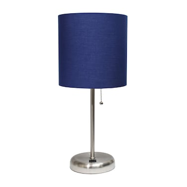 Simple Designs LT2044-NAV Brushed Steel Stick Table Desk Lamp with USB Charging Port and Drum Fabric Shade, Navy Blue Shade