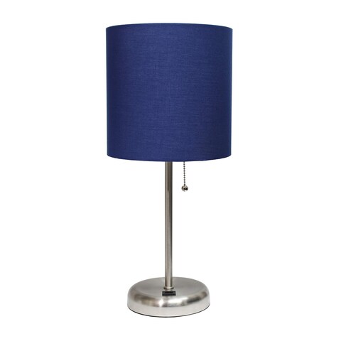 Simple Designs LT2044-NAV Brushed Steel Stick Table Desk Lamp with USB Charging Port and Drum Fabric Shade, Navy Blue Shade
