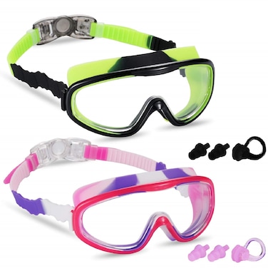 2 Pack Kids Swim Goggles, Swimming Glasses With UV Protection Anti Fog for Children from 3 to 15 Years Old, Green/Black &amp; Pink/Purple/White