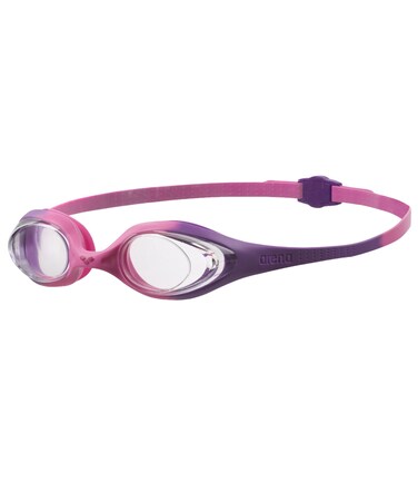 Arena Unisex Youth Spider Junior Swim Goggles Girls and Boys Ages 6 to 12 No Fog Non-Mirror Lens Easy to Adjust Strap No Leak, Violet/Clear/Pink