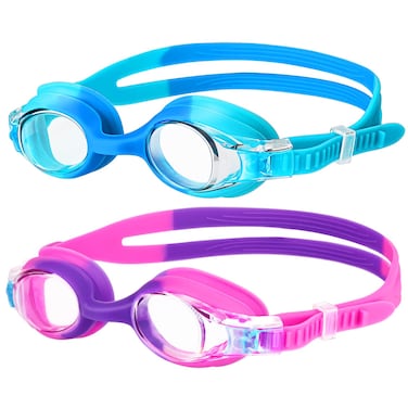 Starweh Kids Swim Goggles, 2 Pack Portable Swimming Goggles No Leaking Anti Fog Kids Goggles for Boys Girls(Age 6-14), Blue &amp; Purple Pink