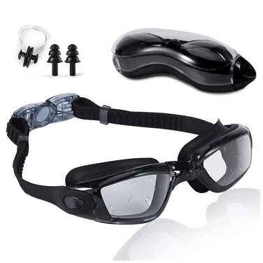 FUNDASTIC Swim Goggles   Swimming Goggles   No Leaking Anti Fog UV Protection Triathlon with Nose Clips + Ear Plugs,Swim Goggles for Women Men Adult Youth (Black)