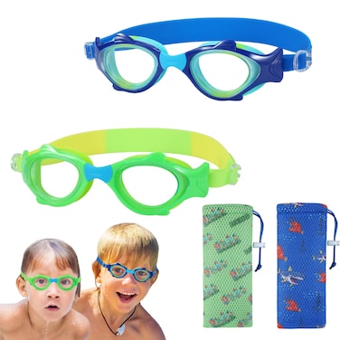 RUIGAO 2PK Swim Goggles Toddler Age 3-5, Toddler Goggles 2T/3T/4T/T, Blue Dino/Shark Swimming Goggles for Children