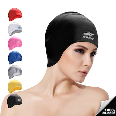 Cover Ears Swim Caps for Long Hair 100% Silicone Swimming Hat for Unisex Adult Kids Reduce Water Intake Makes Your Hair Clean (Black)