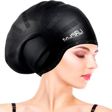 IJRPLM Swim Cap Long Hair,Silicone Swimming Caps with 3D Ear Cover,Waterproof Adult Swim Hats Bathing Caps for Women Men,Keep Your Hair Dry(Black)