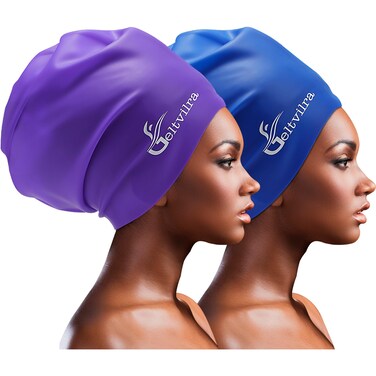 Extra Large Swim Cap for Braids and Dreadlocks Women Men Silicone Swimming Cap for Long Thick Curly Weaves Afro Hair Extensions (Blue, Purple)