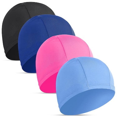 4 pcs Elastic Swim Caps for Both Women &amp; Men &amp; Kids Fabric Durable Non-Waterproof Cloth Swimming Pool Cap Elastic Bathing Cap (Rose Red &amp; Dark Blue&amp;Blue&amp;Black, 4)