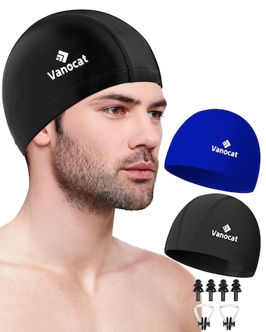 2 Pack Lycra Swim Caps for Women Men, High Elasticity Spandex Fabric Swimming Caps for Long/Short Hair, Comfortable Swim Hats with Ear Plugs &amp; Nose Clip-1