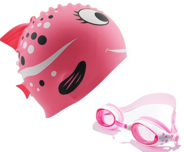 STARTSMART Kids Fun Silicone Swim Cap for Boys and Girls - Sharks &amp; Minnows by Start Smart (Pink Set)