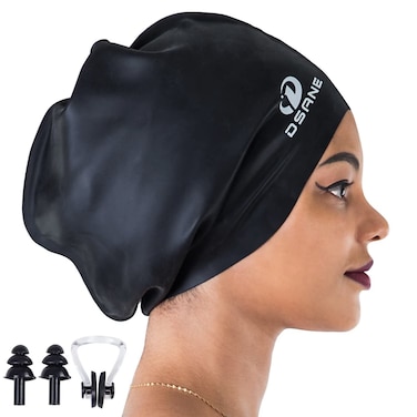 Dsane Extra Large Swimming Cap for Women and Men,Special Design Swim Cap for Very Long Thick Curly Hair&amp;Dreadlocks Weaves Braids Afros Silicone Keep Your Hair Dry(Black/XL)
