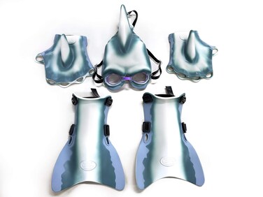 SHARKMAN Super Swimmer Dress Up Swim Gear, Mask with Dorsal fin and Underwater Goggles, Flippers, Web Gloves! Perfect for Shark Week! Rule The Pool, One Size fits All