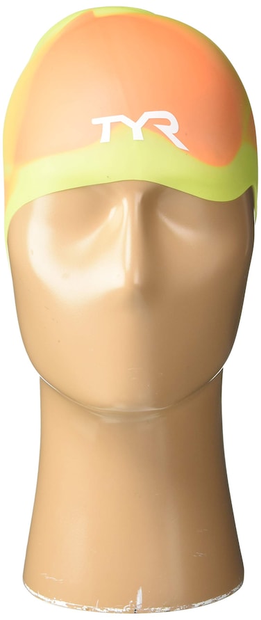 TYR Tie Dye Long Hair Silicone Swim Cap Youth, Pink Yellow Orange, NA