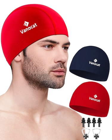 2 Pack Lycra Swim Caps for Women Men, High Elasticity Spandex Fabric Swimming Caps for Long/Short Hair, Comfortable Swim Hats with Ear Plugs &amp; Nose Clip-5