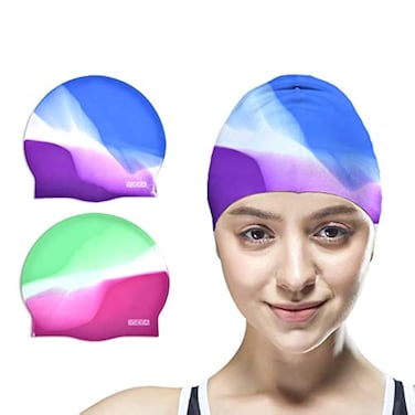 Vsidea Silicone Swim Caps, 2 Pack Durable Comfortable Adult Swimming Cap Elastomeric for Women Man Short Hair Long Hair