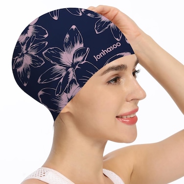 Jonhosoo Silicone Swim Cap for Women, Waterproof Long Hair Swimming Caps with Flower Printed (Navy)
