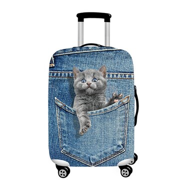 Denim 3D Cute cat Dog Styles Washable Print Luggage Cover Protector Suitcase Cover Carry On Cover with Zipper Fits 18-32 Inch Luggage for Holiday Travel and Great Gift Idea (Cat Grey, S)