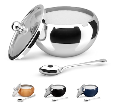 KooK Sugar Bowl, Sugar Bowl with Lid and Spoon, Sugar Container with Lid, for Salt, Coffee, Holds 2 Cups, Dishwasher Safe, Stainless Steel, 16 Oz