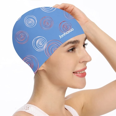 Jonhasoo Silicone Swim Cap for Women, Waterproof Long Hair Swimming Caps with Color Stripe Printed (Circle-Navy)
