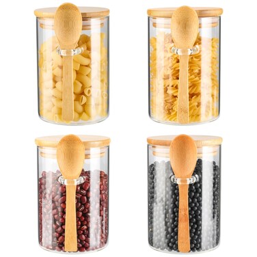 4 Pack Glass Containers Jars with Bamboo Lid and Spoon, 15OZ Airtight Glass Jars, Food Storage Jar Set Kitchen Glass Canisters for Coffee Beans, Tea, Flour, Nuts, Candy, Dry Goods, Cookie and More