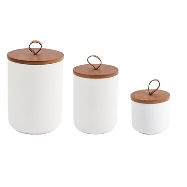 Simcat Modern Rustic Ceramic Food Storage Jar Canister - Airtight Seal Bamboo Lid, Three-Piece Set in White