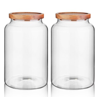 Labina Glass Storage Container Airtight Food Jars Kitchen Canister with Wood Lids, 88 Oz Wide Mouth Pantry Organization Glass Jar for Flour, Sugar, Cookie, Spagetti, Nuts and Candy (2 Pack)