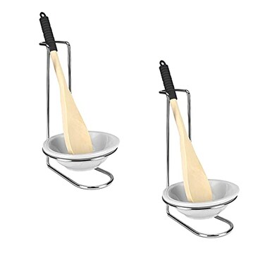 Home Basics Standing Spoon Rest with Ceramic Tray and Wooden Spoon, Spatula, Ladle Rest for Kitchen Countertops, Stove, Chrome (2, Ceramic)