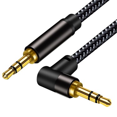 3.5mm Aux Cord Braided 12ft: Hi-Fi Sound Double Layer Shielded Zinc Alloy Case 90 Degree Right 1/8 AUX Cord for Car Compatible with Stereos, Speaker, iPod iPad Smartphone, Headphones