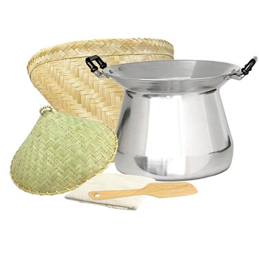 PANWA Sticky Rice Professional Thai Chef Grade Cookware Set Restaurant Quality Steamer Pot, Handcrafted Bamboo Wing Basket &amp; Lid, 24&acirc;&euro; Grade 90 Cheesecloth, &amp; Rice Paddle Ladle