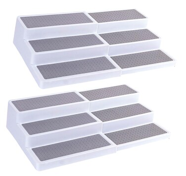 Oizeir Plastic 3-Tier Expandable Spice Rack, Adjustable Length, Stability with Non-Skid Shelf, For Easy Visibility, Organizer for Kitchen Cabinet, Pantry or Countertop, (2-Pack), White/Grey