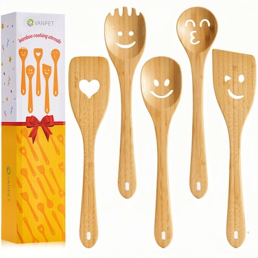 Wooden Cooking Utensil Set, Cute Spatula Set, Funny Bamboo Kitchenware, Unique Mother's Day Gifts for Cooks Hostesses Mom Grandma Wife Weddings House Warming Kitchen Accessories (A001)