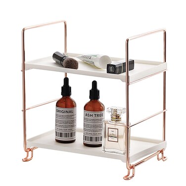 lemonadeus 2-Tier Standing Rack Kitchen Cabinet Spice Rack Plastic/Metal Vanity Tray Cosmetic Organizer Standing Counter Shelf Skincare Organizer (Silver)