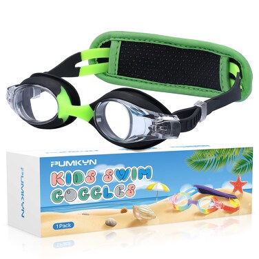 PUMKYN Swim Goggles with Pain-Free Strap for Kids Age 2-8, No Hair Tangle, Toddler Swimming Goggles for Boys &amp; Girls (Black/Green)