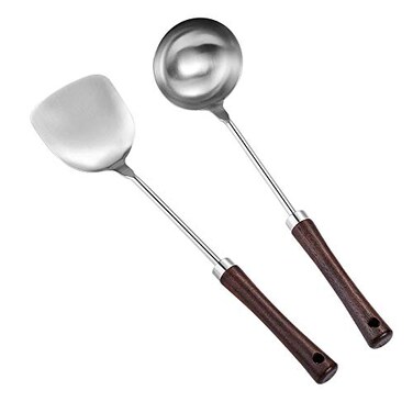 15 inch SUS304 Stainless Steel Wok Spatula &amp; Ladle,Specialty Chinese Household Wok Utensil Set,With Heat Resistant Wooden Handle &amp; Hanging Hole(15 inch 2 pcs set)