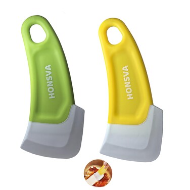 HONSVA Pan Pot Scraper to Kitchen Cleaning, Small Silicone Dish Scraper with Hole for Pans, Pots, Non-stick Plastic Pot Scraper Tool, Food Scraper, Non Scratch, 2 Pcs (Green and Yellow)