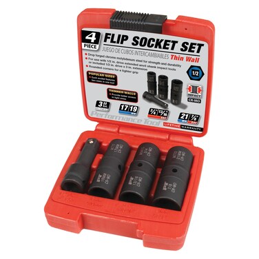 Performance Tool M774 1/2-Inch Drive Flip Socket Set - 4-Piece Metric &amp; SAE Kit with Thin Wall Design for Lug Nuts, Wheel Bolts &amp; More