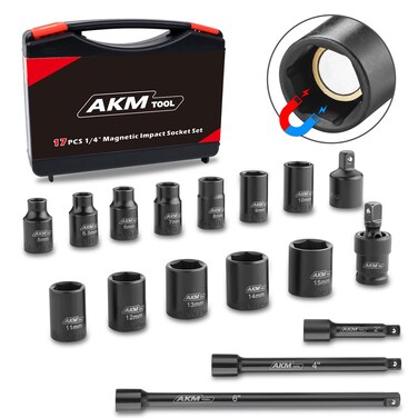 AKM TOOL 1/4 Inch Drive Magnetic Impact Socket Set, 17-Piece Metric, 5mm-15mm, 6 Point, Cr-Mo, Square Drive, Magnetic Socket with Impact Socket Adapter, Universal Joint &amp; Extension
