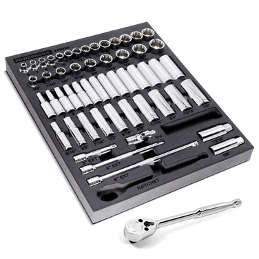Powerbuilt Socket and Ratchet Tool Set, Extension Bars, Deep and Shallow Sockets, Organizer Tray, Pro Tech Series - 949005, 3/8-Inch, Silver, 54 Piece