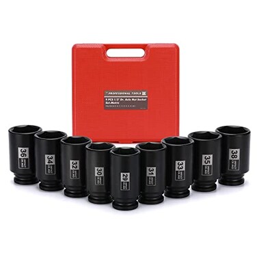 Mayouko 9PCS 1/2 Inch Drive Deep Impact Socket Set, 29-38MM, Spindle Axle Nut Sockets, Metric, Deep, 6-Point, CR-MO