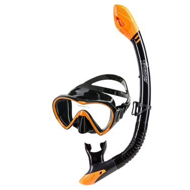 Seavenger Aviator Mask and Snorkel   Snorkeling Set with Dry Top   Men and Women (Black Silicone Orange)