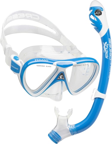 Cressi Pegaso &amp; Iguana Dry Mask &amp; Snorkel Kits, Blue/White