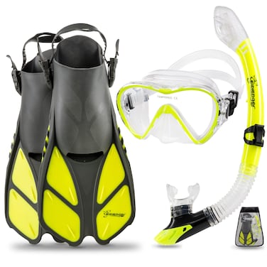Seavenger Diving Dry Top Snorkel Set with Trek Fin, Single Lens Mask and Gear Bag, XS/XXS - Size 1 to 4 or Children 10-13, Gray/Neon Yellow